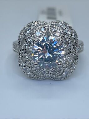 Swarovski Crystal Elements White Crystal Halo Art Deco Statement Ring Sz 6.5